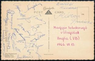 1966 A magyar labdarúgó válogatott által aláírt képeslap az angliai VB.ről / 1966 Autograph signed postcard of the Hungarian national football team.