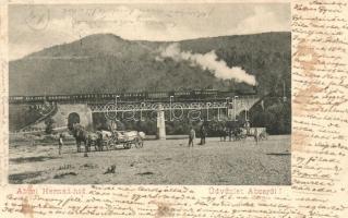 Abos, Obisovice; Hernád vasúti híd vonattal, faszállító szekerek / railway bridge with train, timber transporting carts (fl)