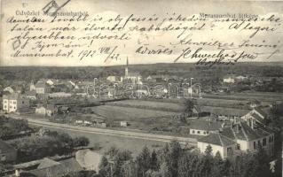 Muraszombat, Muravska Sobota; látkép + vasúti bélyegző / panorama view + railway stamp