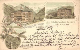 1893 (Vorläufer!) Locarno, Grand Hotel Bellevue Andermatt, Hotel and Pension du Parc, Seb. Christen-Kesselbach. Muller & Co. Gravs. Floral, Art Nouveau, litho