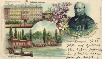 1899 Pozsony, Pressburg, Bratislava; Palugyay Zöldfa szálloda, Palugyay ligeti kávéháza, Palugyay Jakab. fény felé tartandó művészi lap / Palugyays hotel and café. Schwerdtfeger & Co. Meteor D. R. G. M. 88690. hold to light, floral Art Nouveau litho (EK)