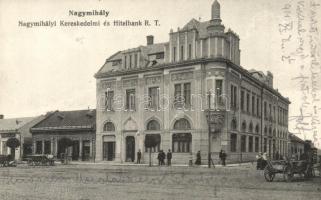 Nagymihály, Mihalovce; utcakép, Kereskedelmi és Hitelbank rt., üzletek / bank and shops, street