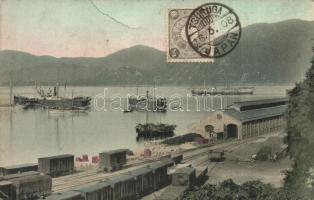 Tsuruga, railway station and port view with ships, TCV card (fa)