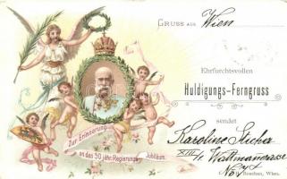 1848-1898 Huldigungs-Ferngruss Zur Erinnerung an das 50 jähr. Regierungsjubiläum / Franz Josephs 50th anniversary of reign. H. Boschan Art Nouveau, floral, litho (EK)