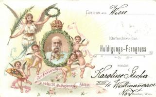 1848-1898 Huldigungs-Ferngruss Zur Erinnerung an das 50 jähr. Regierungsjubiläum / Franz Joseph's 50th anniversary of reign. H. Boschan Art Nouveau, floral, litho (EK)