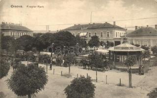 Orsova, Freyler park, Nasse Ede cukrász üzlete, M. kir. Erdőhivatal, lovashintók. Hutterer G. kiadása / park, pastry shop, forestry office, horse-drawn carriages (EK)