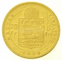 1892KB 8Ft/20Fr Au "Ferenc József / Fiume címer" Körmöcbánya (6,45g/0.900) T:2 karc / Hung...