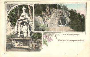Bálványos-fürdő, Torjai Büdös barlang, Kegyszobor. Divald Károly fia / cave, statue. Art Nouveau, floral