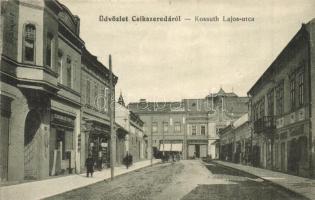 Csíkszereda, Mercurea Ciuc; Kossuth Lajos utca, Szabó Miklós utóda és Kiszel testvérek üzlete / street view with shops (EK)