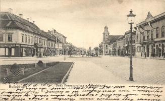 Kolozsvár, Cluj; Deák Ferenc utca, városháza, Tamási Tamás és fia üzlete / street view with town hall and shops