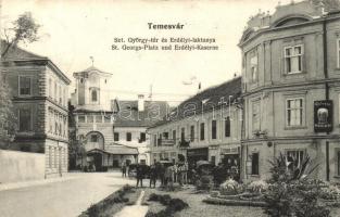 Temesvár, Timisoara; Szent György tér, Erdélyi laktanya, Pilzeni sörcsarnok, Leitenbor József és Kreiner J. üzlete, Georg Holz vendéglő, könyvnyomda / square, military barracks, beer hall, shops, restaurant