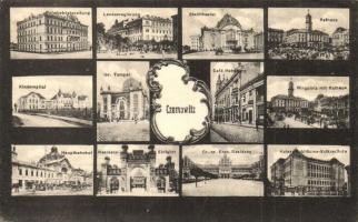 Chernivtsi, Czernowitz; Bahnbetriebsleitung, Landesregierung, Stadttheater, Rathaus, Kinderspital, Isr. Tempel, Café Habsburg, Ringplatz, Hauptbahnhof, Residenz-Einfahrt, Gr.-or. Erzb. Residenz. Verlag A. Tennenbaum / multi-view postcard with children hospital, synagogue, railway station, Greek Orthodox bishop's palace (EK)