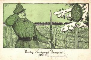 1916 Boldog Karácsonyi Ünnepeket! 38. Honvéd hadosztály. M. kir. 38. honvéd gyalogezred térparancsnoksága pecséttel / WWI Hungarian military Christmas art postcard s: Daday (EK)