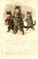 1899 Cats going to school. Lith-Artist Anstalt (vorm. Gebrüder Obpacher) München Serie 51. No. 18420. (kis szakadás / small tear)