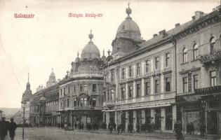 Kolozsvár, Mátyás király tér, Általános Biztosító Társaság, Erdélyi üzlete, Ujhelyi és Boros kiadása / square, shops, insurance