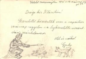 1941 Valahol Oroszországban. Kézzel rajzolt tábori postai levelezőlap / WWII Hungarian military field post, hand-drawn soldier by a campfire (EK)