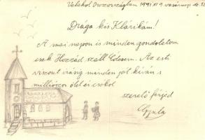 1941 Valahol Oroszországban. Kézzel rajzolt tábori postai levelezőlap / WWII Hungarian military field post, hand-drawn church (EK)