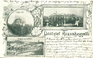 1899 Rózsahegy, Ruzomberok; Likava vár, Vághíd, sétatér / castle, bridge, promenade. Floral (EK)
