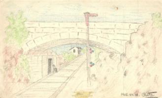 1915 A híd alatti kastélyban az I. zlj. parancsnokság. Kézzel rajzolt tábori postai levelezőlap / WWI Austro-Hungarian hand-drawn military field post s: Pista (EK)