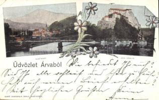 Alsókubin, Dolny Kubin; látkép híddal, Árva-váralja, kiadja Hirschfeld Adolf / general view with bridge, castle, floral (EK)