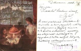 1906 Csáthy Ferenc debreceni könyvkereskedő levele és reklámja, Képes Folyóirat / Hungarian bookseller's letter and advertisement (kis szakadás / small tear)