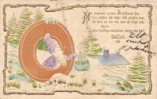 God Jul! / New Year greeting art postcard, dwarf, Emb.