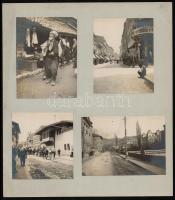 cca 1910 Szarajevó, utcai életképek, zsinagóga látképe, 4 db albumlapra ragasztott fotó B. Riffenstein bécsi fotográfus szárazpecsétjével, kb. 10x8 cm / cca 1910 Sarajevo, synagogue, 4 photos, ca. 10x8 cm