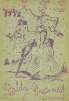 1942 Boldog új esztendőt Oroszföldről. Tábori postai levelezőlap / WWII Hungarian military New Year greetings from the Russian front, snowman (EK)
