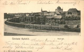 Győr, Radó tér, háttérben a zsinagóga. Polgár Bertalan kiadása