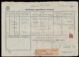 1942 Születési anyakönyvi kivonat, 5000 Adópengő okmánybélyeggel, 21x30 cm