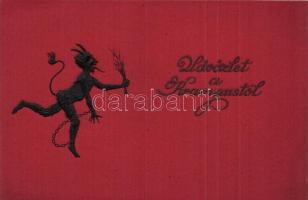 4 db régi vörös lapú dombornyomott krampuszos üdvözlőlap / 4 pre-1945 red postcards with embossed Krampus motives