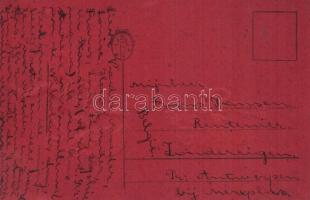 4 db régi vörös lapú dombornyomott krampuszos üdvözlőlap / 4 pre-1945 red postcards with embossed Kr...