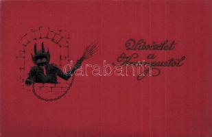 4 db régi vörös lapú dombornyomott krampuszos üdvözlőlap / 4 pre-1945 red postcards with embossed Kr...