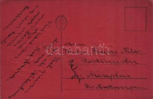4 db régi vörös lapú dombornyomott krampuszos üdvözlőlap / 4 pre-1945 red postcards with embossed Kr...