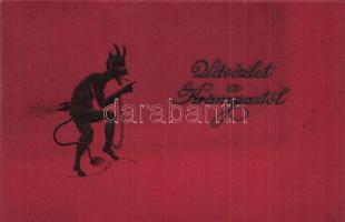 4 db régi vörös lapú dombornyomott krampuszos üdvözlőlap / 4 pre-1945 red postcards with embossed Kr...