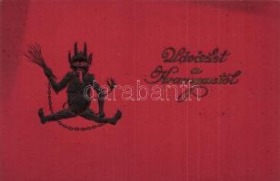 4 db régi vörös lapú dombornyomott krampuszos üdvözlőlap / 4 pre-1945 red postcards with embossed Kr...