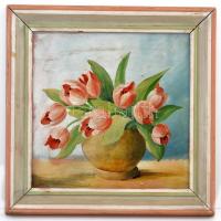 Medveczky jelzéssel: Virág csendélet, olaj, farost, fa keretben, 33,5×33,5 cm