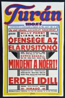 1932 Bp., Turán mozi dekoratív műsoros plakátja, kiadja: Forum Nyomda, hajtott, jó állapotban, 48x31 cm