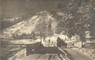 ~1930 Ólubló, Stará Lubovna; téli táj autómobillal / winter landscape with automobile. photo