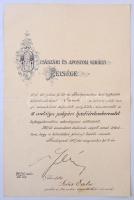 1917. "Polgári Hadi Érdemkereszt III. osztálya" kitüntetés eredeti adományozói okirata Szűcs Endre posta és távirda segédtitkárnak, "Kereskedelemugyi M Kir Minister" szárazbélyegzővel, vízjeles papíron, Serényi Béla kereskedelemügyi miniszter aláírásával T:III szakadás / Hungary 1917. "War Cross for Civil Merit 3rd Class" award document for Endre Szűcs Post and Telegraph under-secretary, with embossed stamp, on watermarked paper and signature of Béla Serényi Secretary of Commercial C:F tear