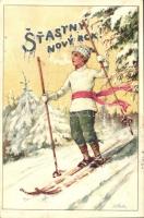 Stastny novy rck! / Skiing lady art postcard s: K. Stapfera