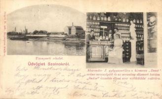 Szolnok, Tisza part, Hungária malom, Alexander J. gyógyszertára, a hírneves Ilona creme arcszépítő és az orvosilag elismert hatású Sudor izzadás elleni szer szétküldési raktára, belső. Szigeti H. kiadása