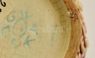 Iparművészi Vállalatos Gorka füles tálka, mázas kerámia, jelzett, m:11 cm, h:17 cm