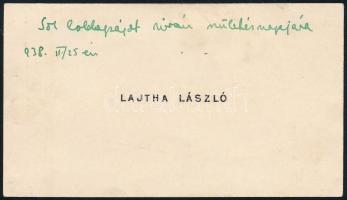 Lajtha László (1892-1963) zeneszerző, népzenekutató saját kézzel írt kézzel jókívánsága névjegykártyán