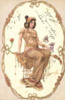 Art Nouveau lady art postcad. Emb. litho