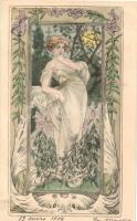 4 db régi finoman erotikus szecessziós művészlap Anton Pinkawa szignójával / 4 pre-1904 Art Nouveau gently erotic art postcards signed by Anton Pinkawa. M. M. Vienne Nr. 122.