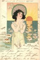 Art Nouveau lady art postcard. litho