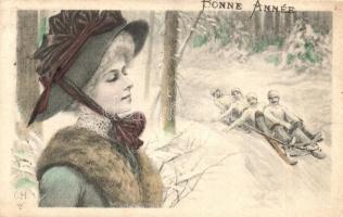 Bonne Année / Sledding men with lady. Marke Egemes Serie 501. Nr. 1. s: C.H.W. (EK)