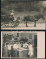 cca 1920-1940 Vegyes fotó, fotólap tétel, 2 db, Gyerek pónifogattal, Kocsma pultosokkal és pincérekkel, 8x13 cm és 9x14 cm közötti méretben