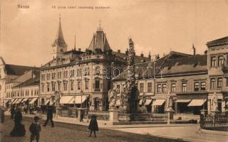 Kassa, Kosice; Fő utca, Szentháromság szobor, Weisz I. és Richtárszky Ernő üzlete, Andrássy Kávéház / main street, monument, cafe, shops